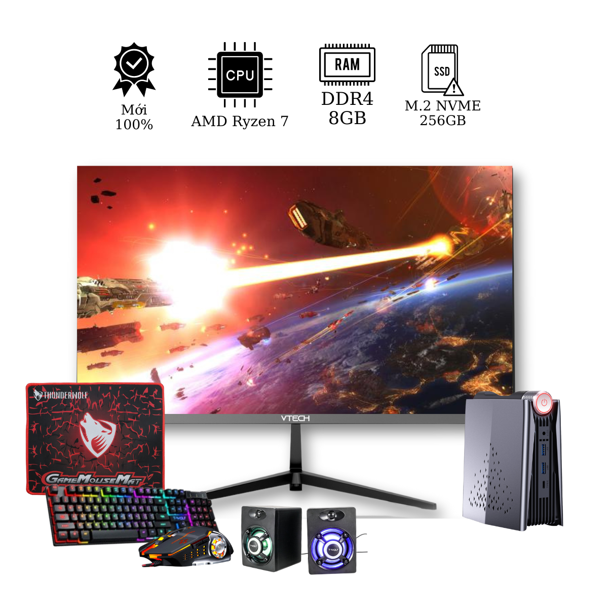 Bộ Mini PC GAMING VTECH AMD Ryzen 7| 16+500GB| Win 11 Pro| 24