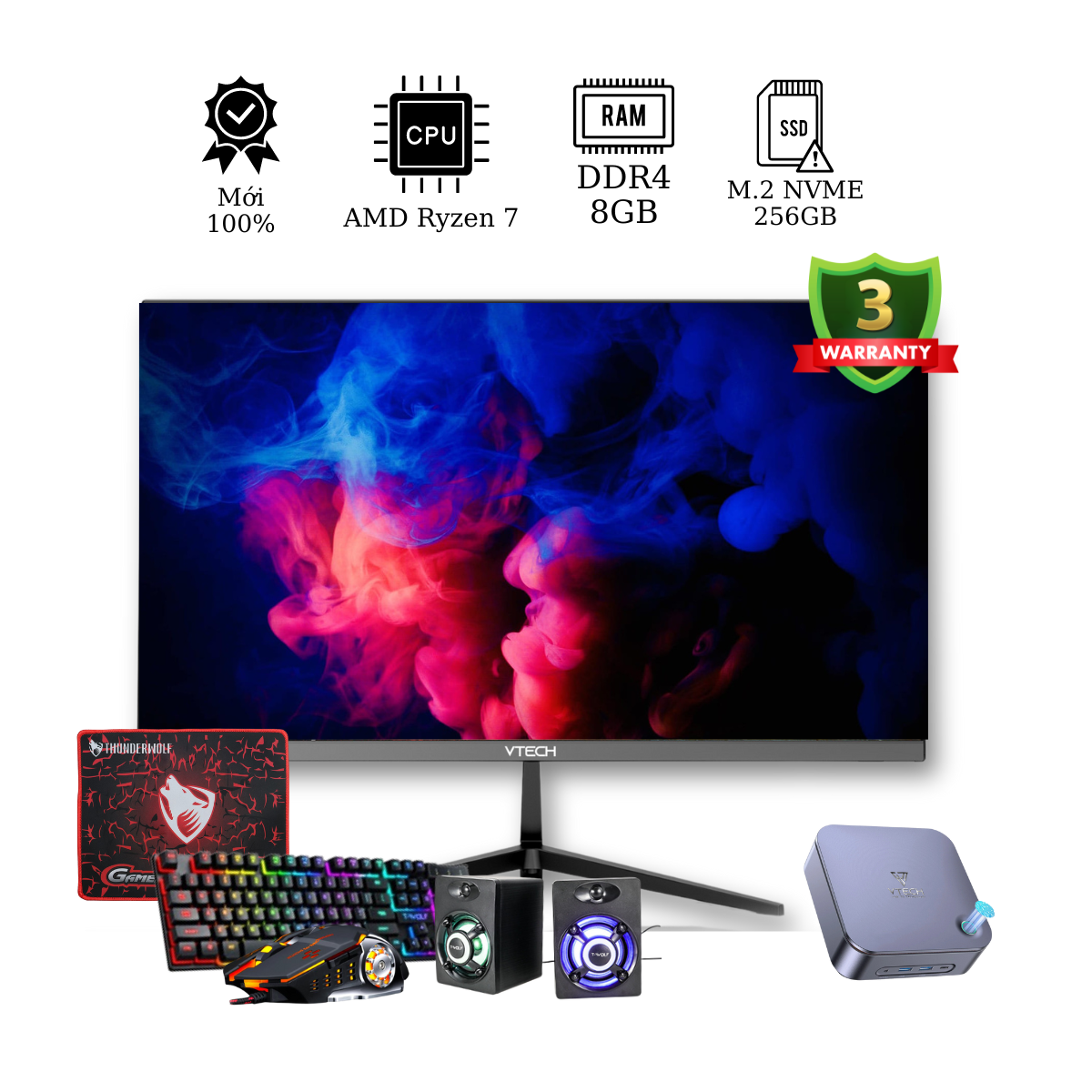 Bộ Mini PC VTECH Intel Core i5| 8+256GB| Win 11 Pro| 24 Full HD 165Hz (VTPB124U+VTMG243P)